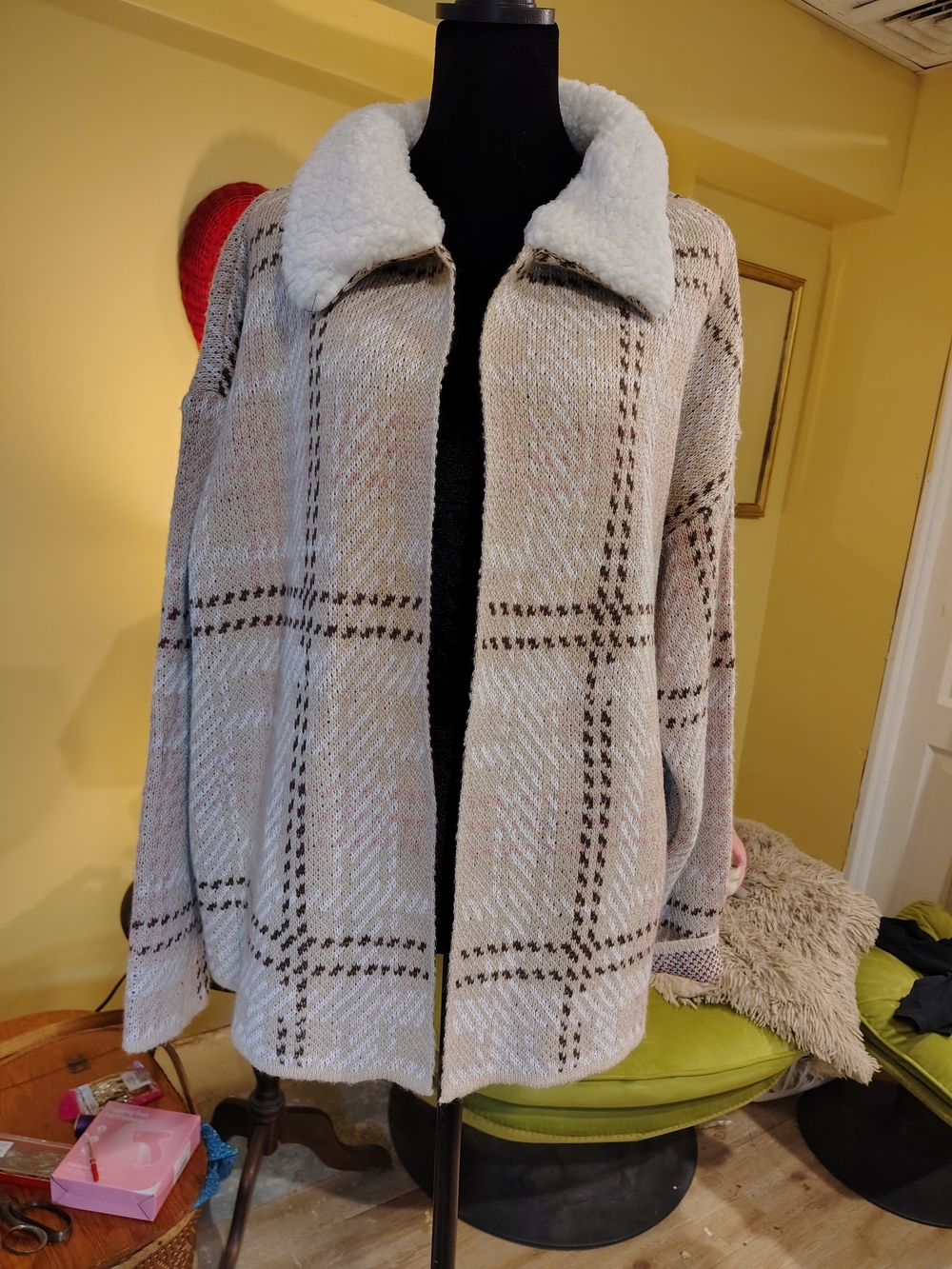 Madison Cream and Brown Plaid Teddy Jacket with Sherpa Collar